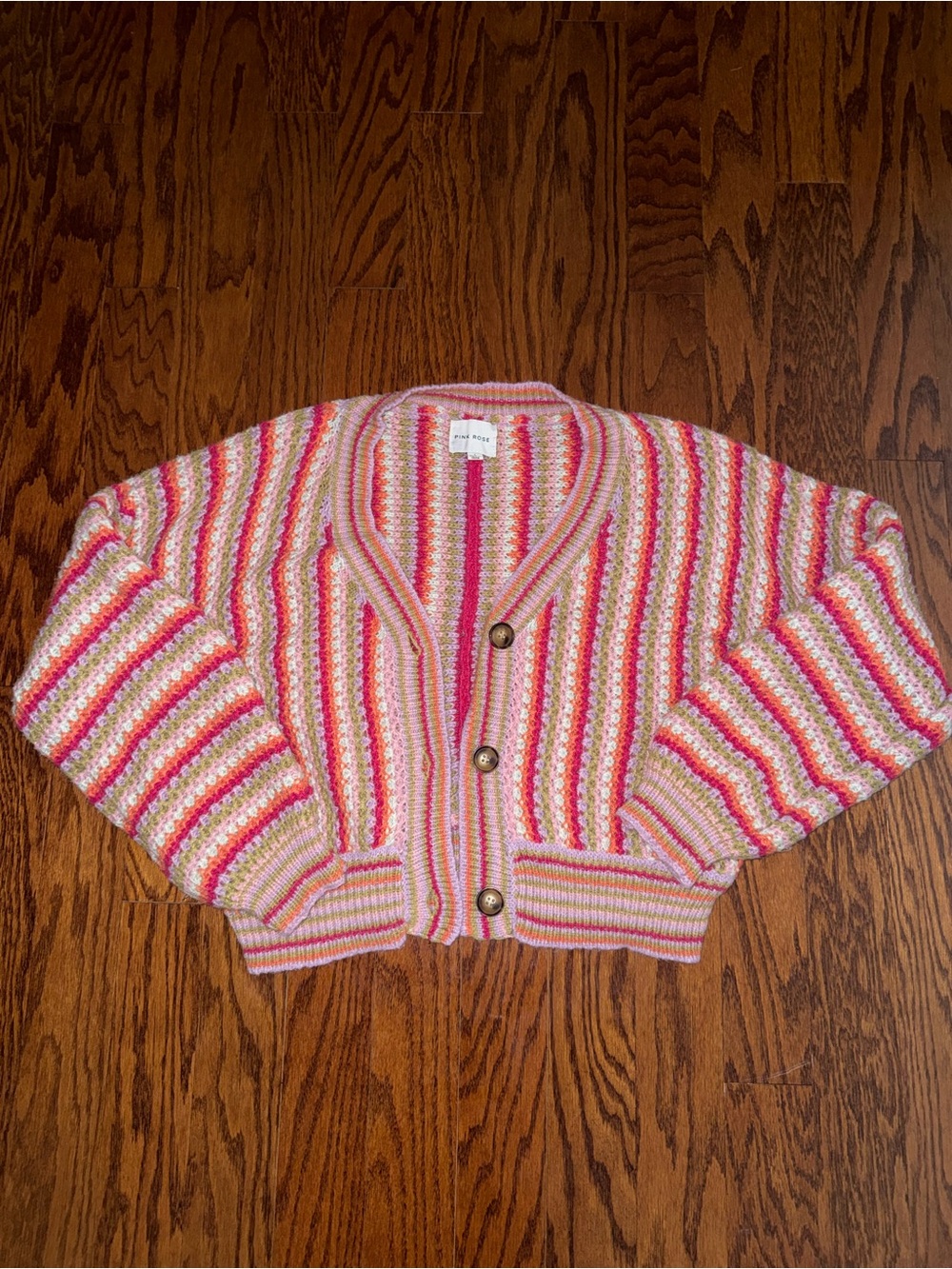 Pink Rose Striped Pink Multicolor Crochet Cardigan Sweater